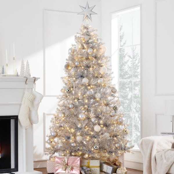6 ft Pre-Lit Artificial Tinsel Artificial Christmas Tree with 1,000 Tips in Silver
