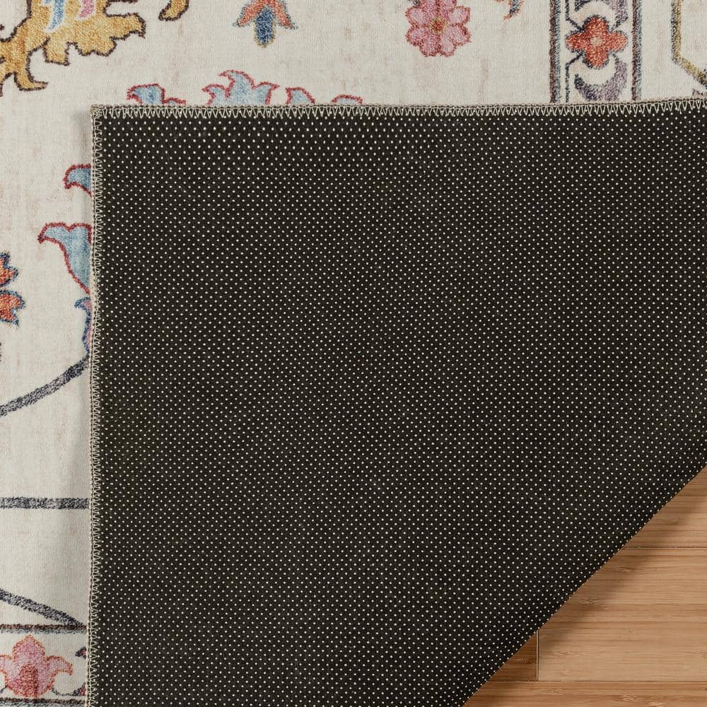 Ivory Floral Non-Slip Washable 6' x 9' Synthetic Area Rug