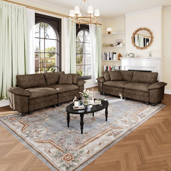 87.5 in. Flared Arm 4-Seat Chenille Modular Sectional Sofa in Taupe with Throw Pillows for Living Room