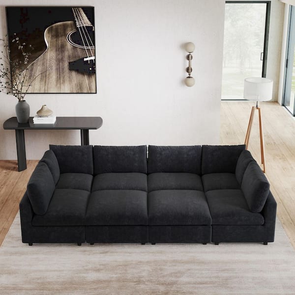 Oversized 134 in. Square Arm Chenille Modular Sectional Sofa with 2 Ottomans, Detachable Coves for Gathering in. Black