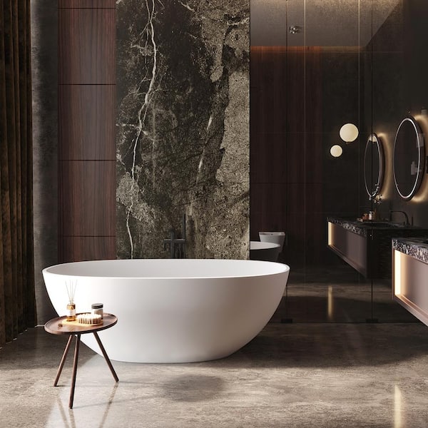 Aanik 67 in. x 39 in. Stone Resin Freestanding Soaking Bathtub in White