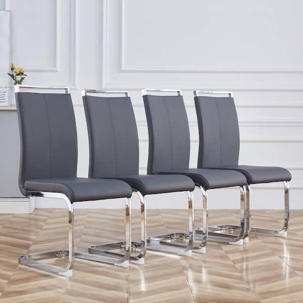 Polibi Modern Gray PU Leather High Back Upholstered Side Chair, Dining Chair with C-shaped Tube Black Silver Legs (Set of 4)