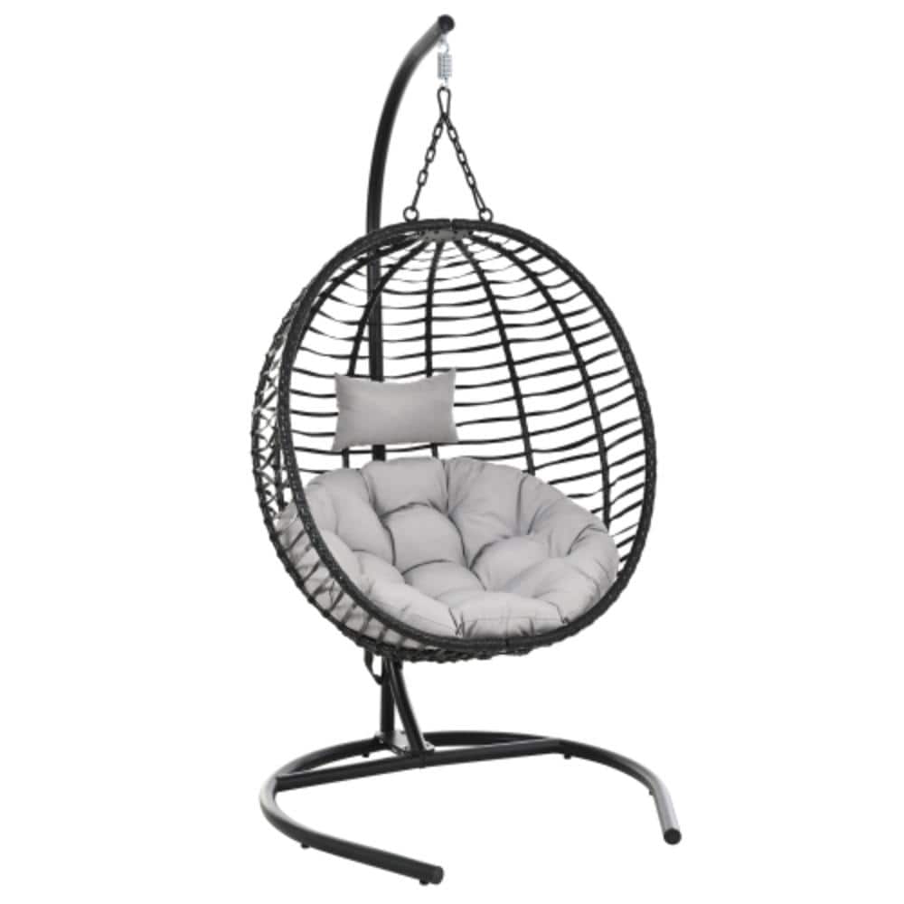 Single Person Patio Black Wicker Folding Egg Swing Chair with Stand, Gray Cushion, Adjustable Feet for Balcony Garden