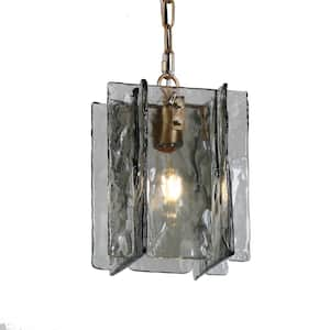 Echonalyri 60 Watt 1-Light Brass Square Pendant Light with Gray Textured Glass Shade and No Bulb Included