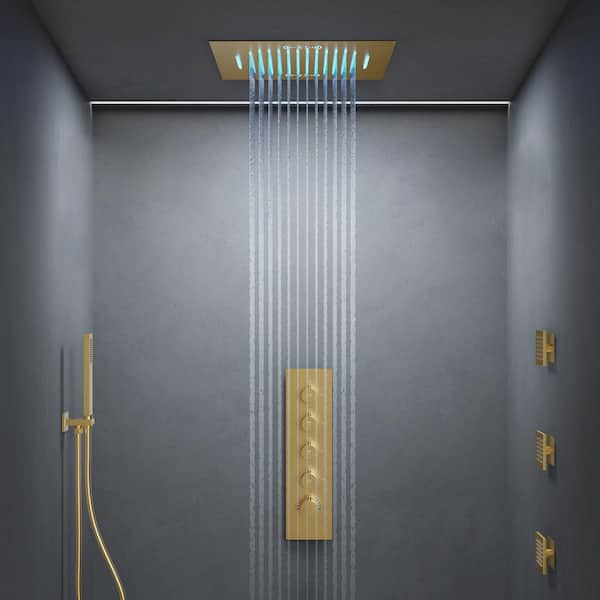 Aurora 20 in. Mood Light Quadruple Handles 15-Spray Shower Faucet 2.5 GPM with LED Bluetooth Anti Scald in Brushed Gold