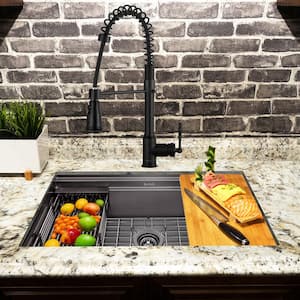 All-in-One Matte Black Finished Stainless Steel 32 in. x 18 in. Undermount Kitchen Sink with Spring Neck Faucet