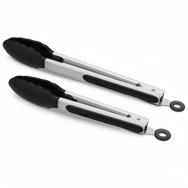 9 in. and 12 in. Stainless Steel and Silicone Kitchen Tongs with Non-Stick for BBQ Cooking and Grilling, Black (2-Pack)