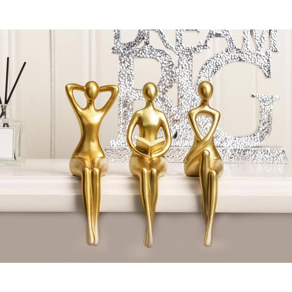 3Pcs 6.8 in x 3.54 in. Gold Thinker Resin Statue Abstract