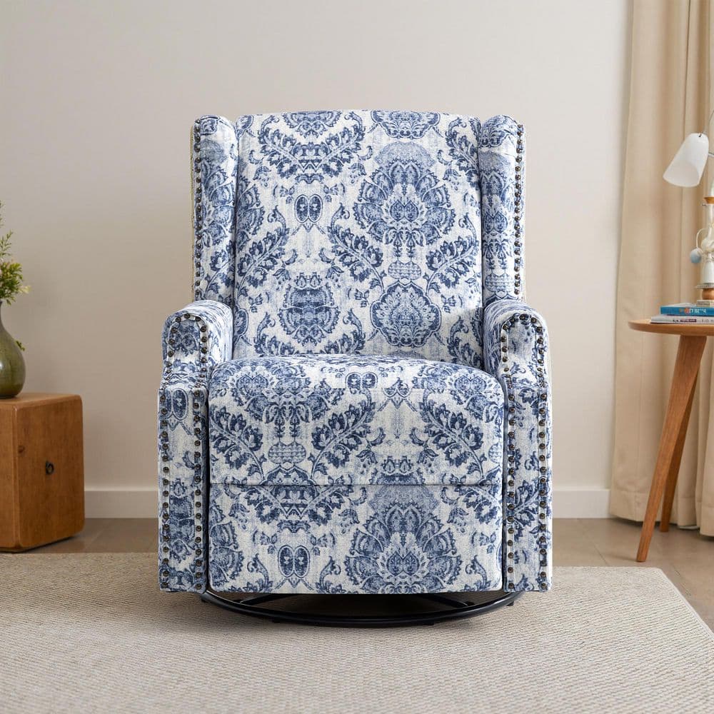 Uixe Navy Blue Pattern Linen Swivel Upholstered Metal Base
