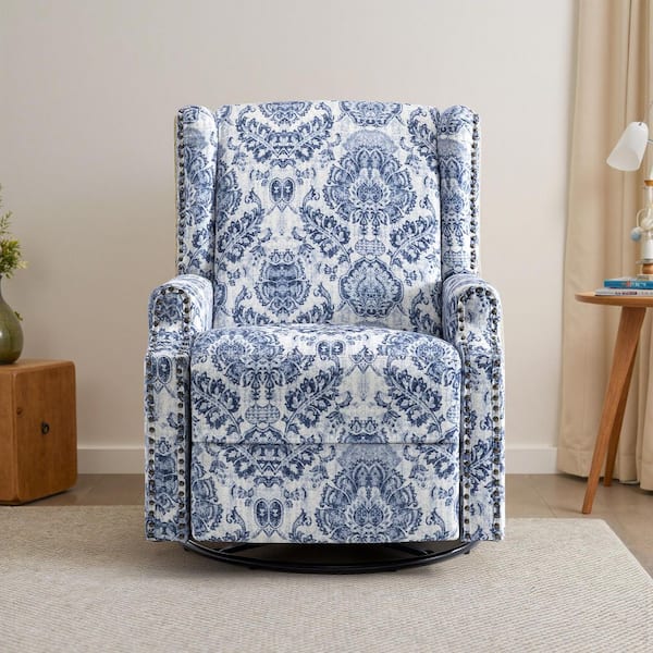 Navy Blue Pattern Linen Swivel Upholstered Metal Base Recliner with Manually Adjustable Backrest (Set of 1)