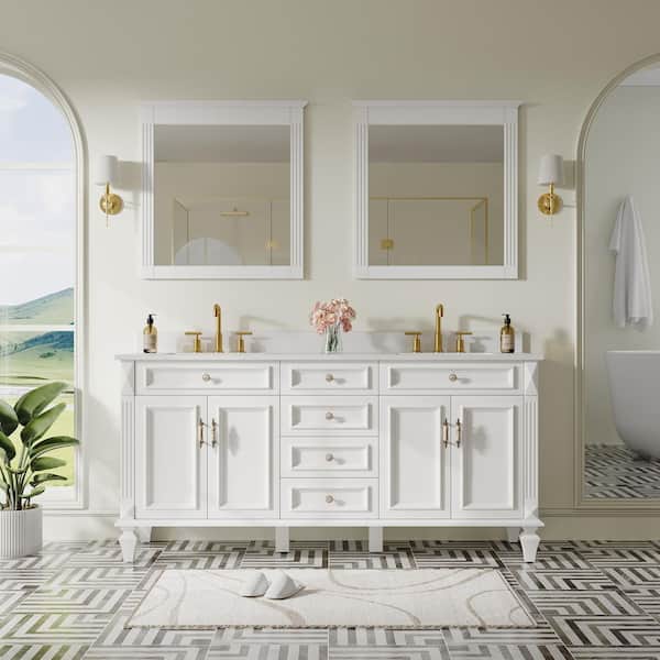 72 in. W x 22 in. D x 35 in. H Double Sink Solid Wood Bath Vanity in White with Stain-Resistant Quartz Top and 2 Mirror