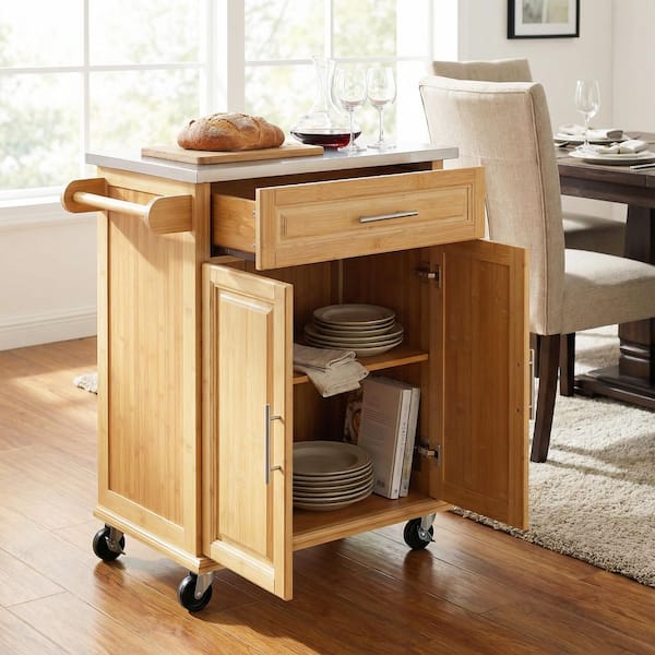 Montclair Natural Finish Bamboo 29.13 in. W Rolling Kitchen Island Cart with Stainless Steel Top, Mobile Storage Cart