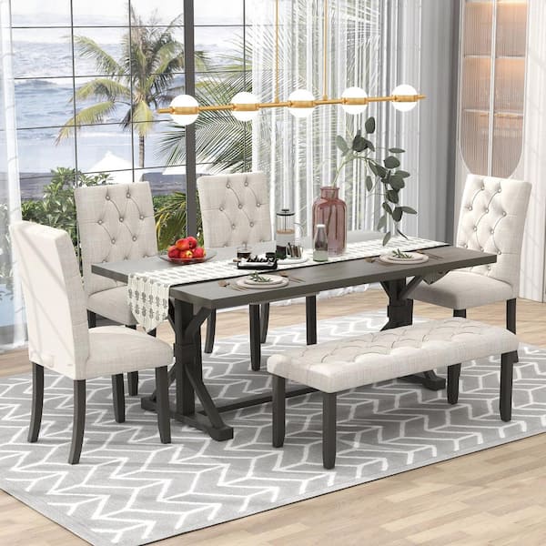 6-Piece Farmhouse Gray Wood Top Dining Room Set Seats 5