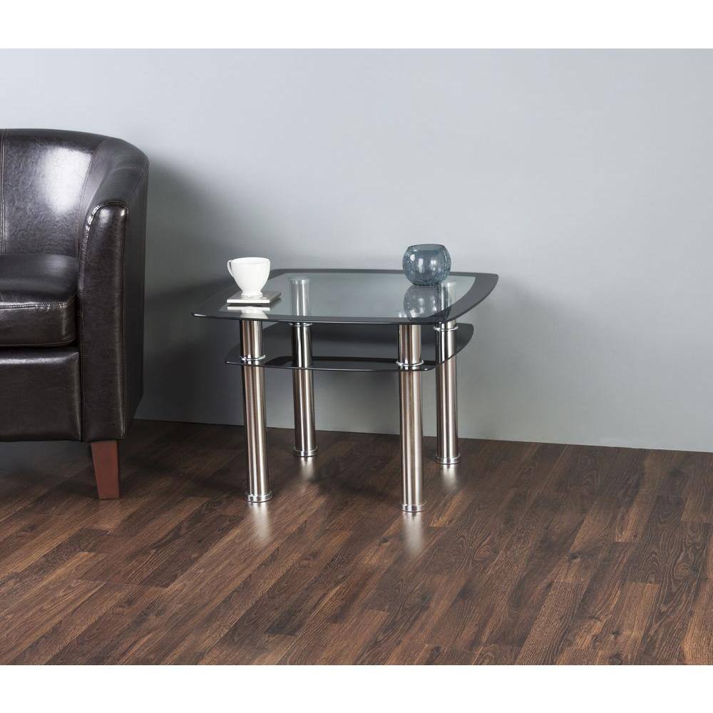 Modern Chrome Square End Table with Black Glass Shelf
