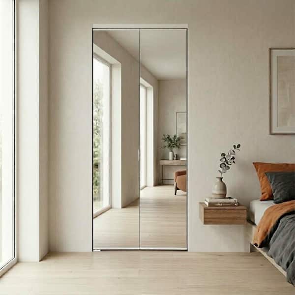 30 in. x 80 in. Polished Edge Mirror Solid Core MDF Full-Lite Interior Closet Wood Bi-Fold Door with White Trim