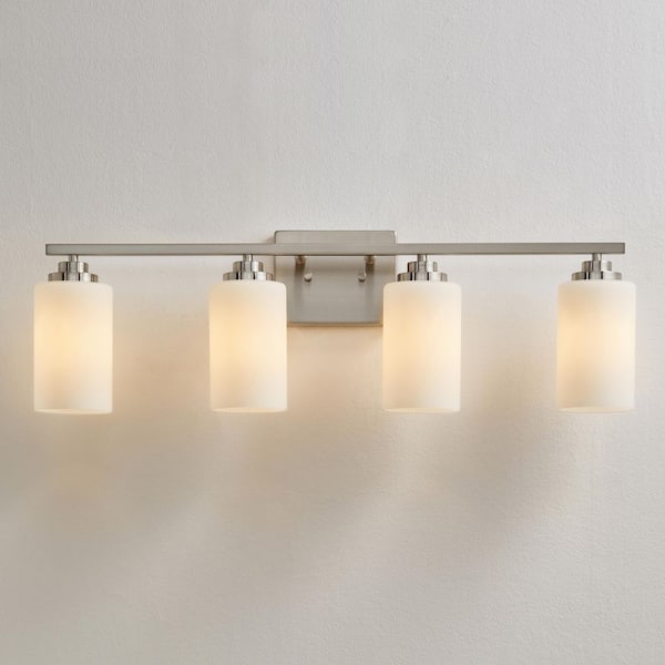 30 in. 4-Light Brushed Nickel Vanity Light with Frosted White Glass Shade
