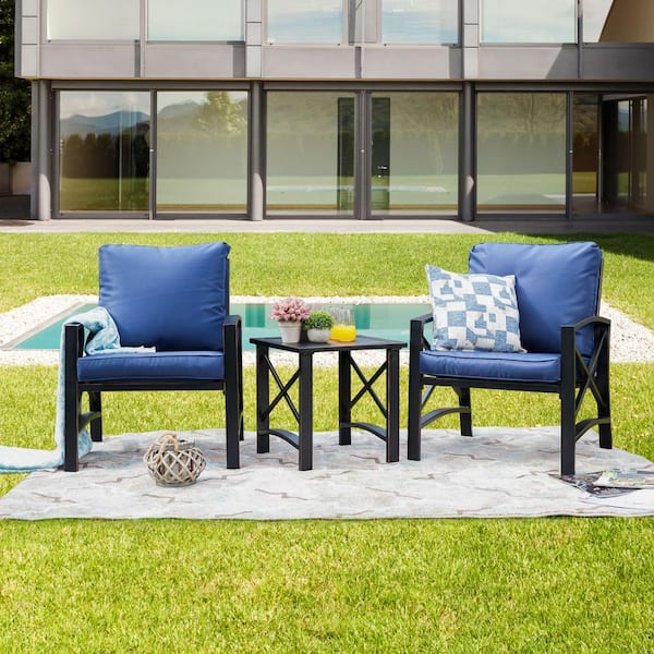 3-Piece Metal Outdoor Chat Set with Blue Cushions