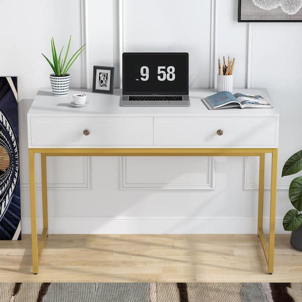 Modern White Rectangular Home Office Desk with Drawers in Gold Leg