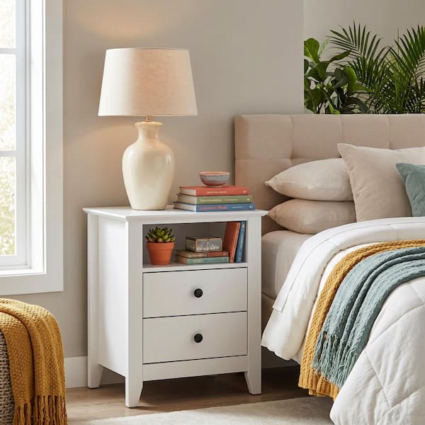 FUFU&GAGA White Rectangular Wooden End Table, Nightstand with 2