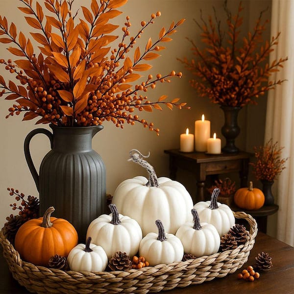 ハーフヘル　ホワイト　ショーティー 目深加工 上質内装 装飾品 残り2点 16 Piece 5.5 in. White Artificial Plant Faux Pumpkin Set for Fall