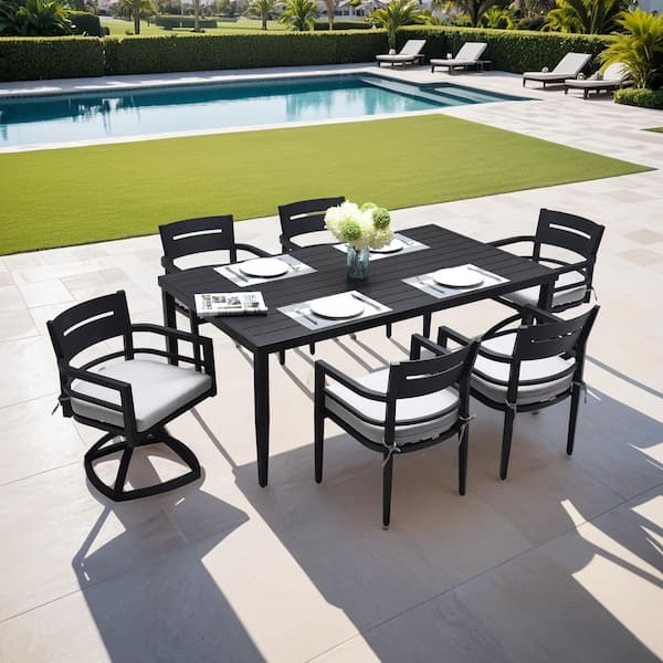 UNISOAR Black 7 Piece Aluminum Outdoor Dining Set, 4 Dining Chairs & 2 Swivel Rockers with Sunbrella Cushion