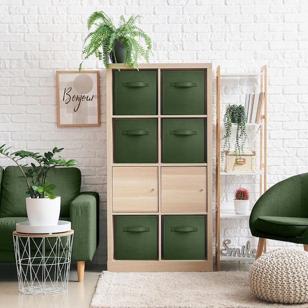 Storage Cubes with Handles, Dark Green 13 in. x 13 in. Fabric Decorative Basket Set of 6, Clothes and Closet Organizer
