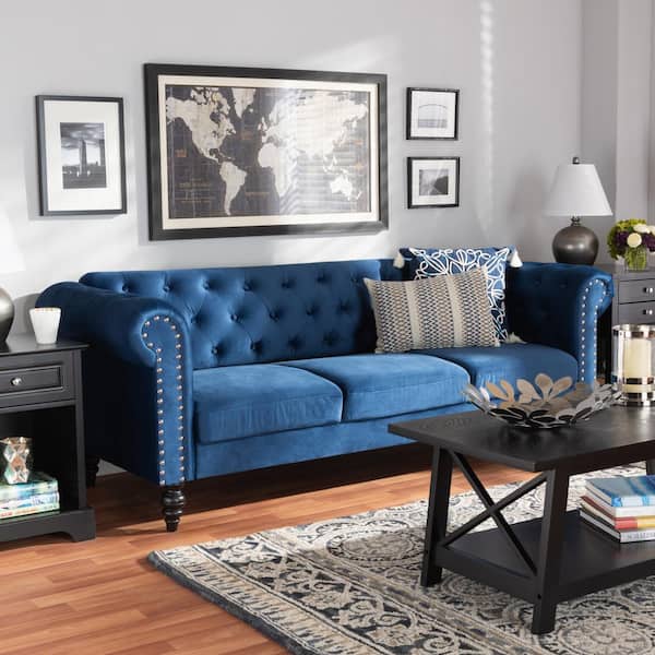 Baxton Studio Emma 83 1 In Navy Blue Black Fabric 3 Seater Chesterfield Sofa With Round Arms 163 10309 Hd The Home Depot