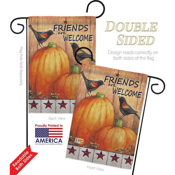 WELCOME FRIENDS THREE PUMPKINS WITH LEAVES FALL MINI GARDEN FLAG 11" X 15" NEW 