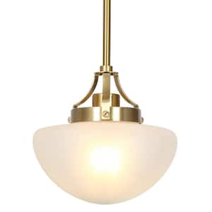 1-Light Brushed Brass Frosted Schoolhouse Pendant Light with Curved Glass Shade for Kitchen or Dining Room