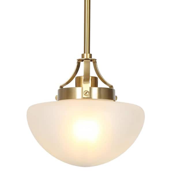 Unbranded 1-Light Brushed Brass Frosted Schoolhouse Pendant Light with Curved Glass Shade for Kitchen or Dining Room