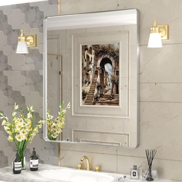 30 in. W x 36 in. H Rectangular Aluminum Alloy Framed and Tempered Glass Wall Bathroom Vanity Mirror in Brushed Silver