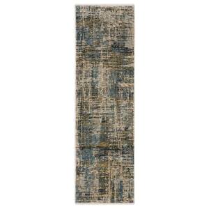 Haven Blue/Gold 2 ft. x 8 ft. Abstract Mosaic Polyester Fringed Indoor Runner Area Rug