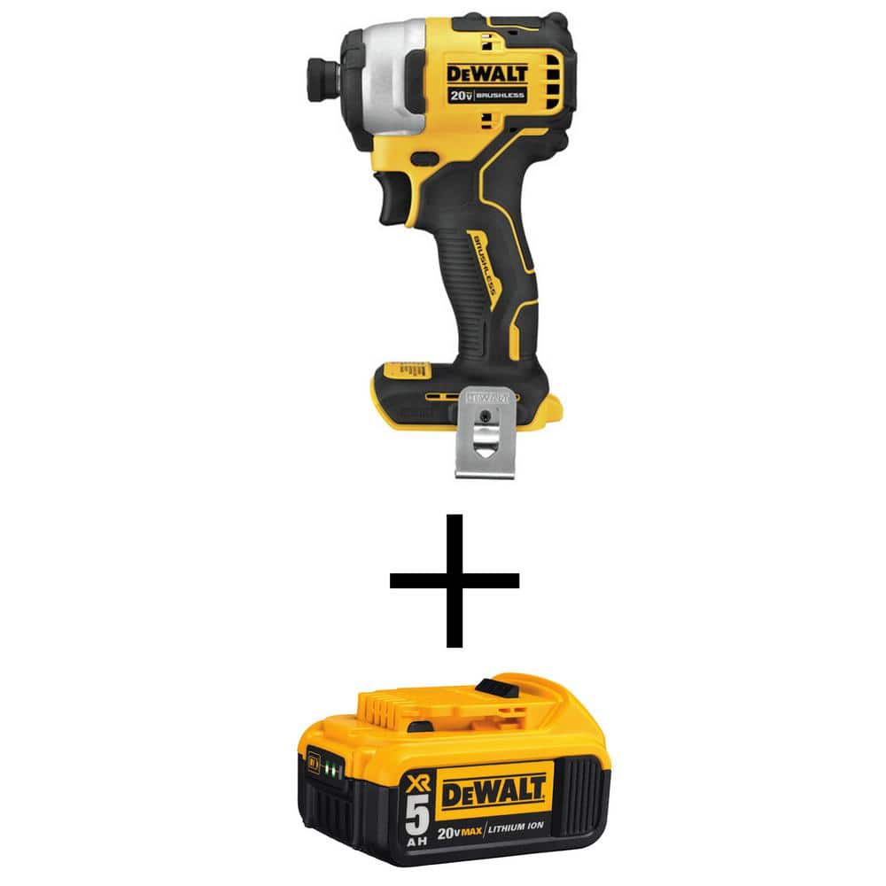 DEWALT ATOMIC 20V MAX Cordless Brushless Compact 1/4 in. Impact Driver and (1) 20V MAX XR Premium Lithium-Ion 5.0Ah Battery -  DCF809BW205
