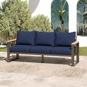 Outdoor 3-Seats Aluminum Sofa, Metal Outdoor Couch with Blue Cushion