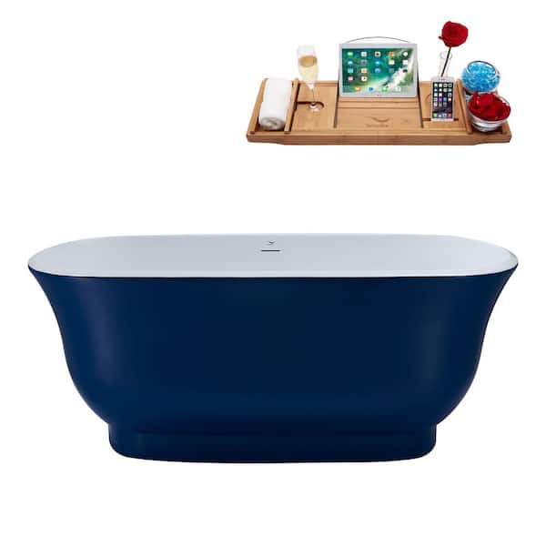 Streamline 59 in. Acrylic Flatbottom Non-Whirlpool Bathtub in Matte Light Blue with Brushed Gold Drain