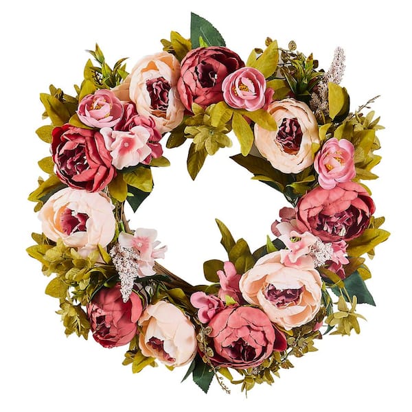 VEVOR Decorative Wreath 19 in. Artificial Wreath Pink Decorated with Peonies Hydrangeas Babysbreath Year Round Wreath