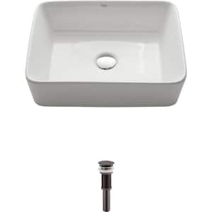 Rectangular Ceramic Vessel Bathroom Sink in White with Pop Up Drain in Oil Rubbed Bronze