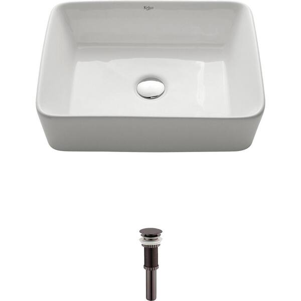 KRAUS Rectangular Ceramic Vessel Bathroom Sink in White with Pop Up Drain in Oil Rubbed Bronze