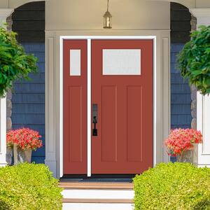 Legacy 53 in. x 80 in. 1/4 Toplite Rain Glass LHOS Primed Morocco Red Finish Fiberglass Prehung Front Door w/14 in. SL