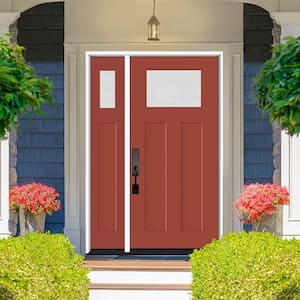 Legacy 53 in. x 80 in. 1/4 Toplite Rain Glass RHIS Primed Morocco Red Finish Fiberglass Prehung Front Door w/ 14 in. SL