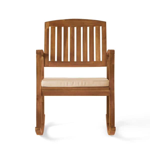 Noble House Selma Teak Finish Wood Outdoor Patio Rocking Chair with Cream Cushion