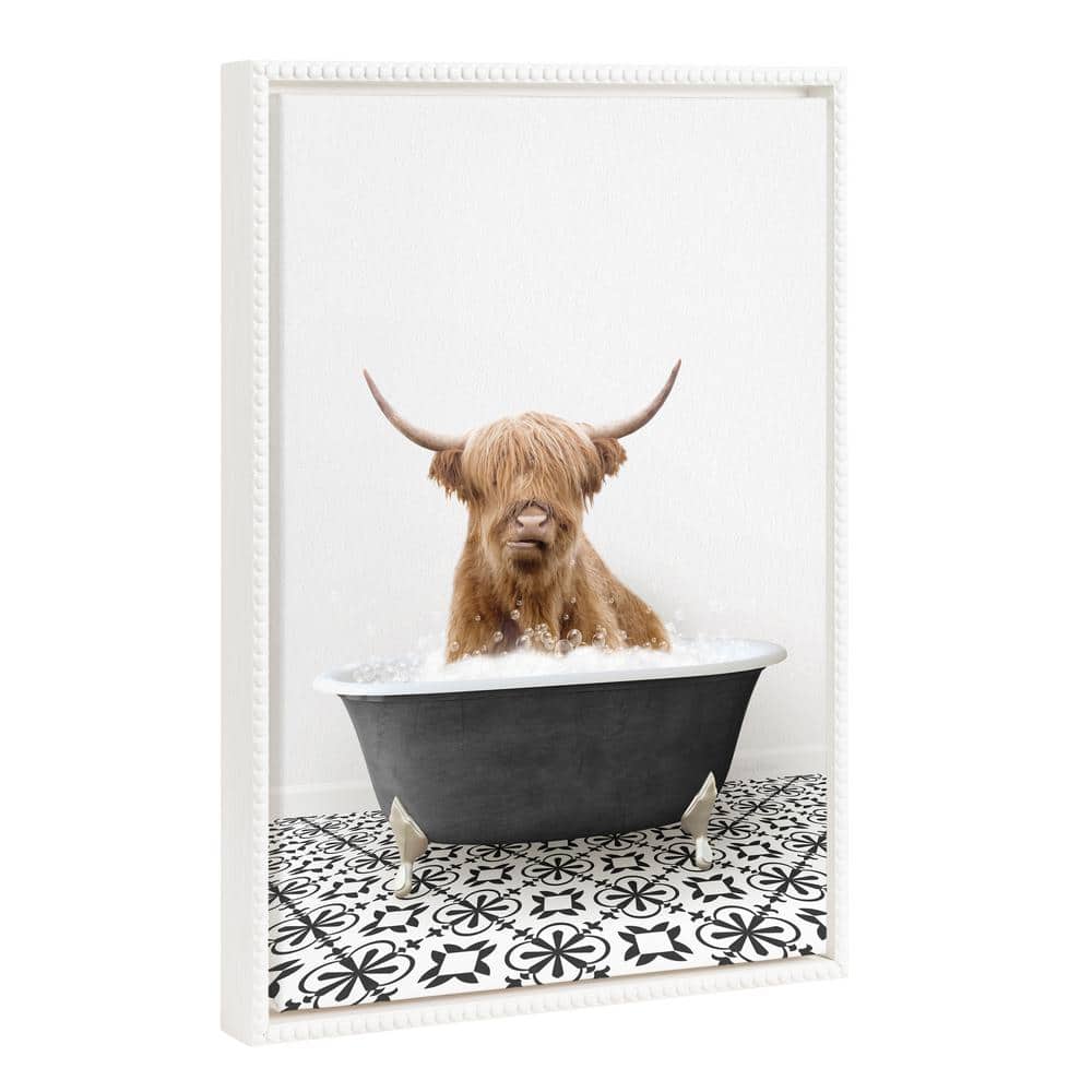 18" x 24" White Framed Canvas Print of Highland Cow in Bathtub