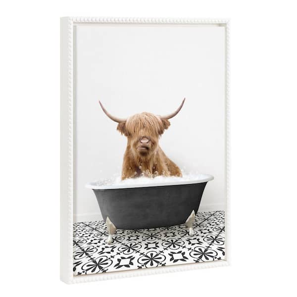 Kate and Laurel Modern Cute Cow Bathtub Framed Canvas Wall Art 1-Piece White Framed Canvas Art Print, 18 in. x 24 in.