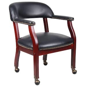 Black Caresoft Vinyl Traditional Rolling Captains Chair, Mahogany Wood Finish, Brass Hooded Casters