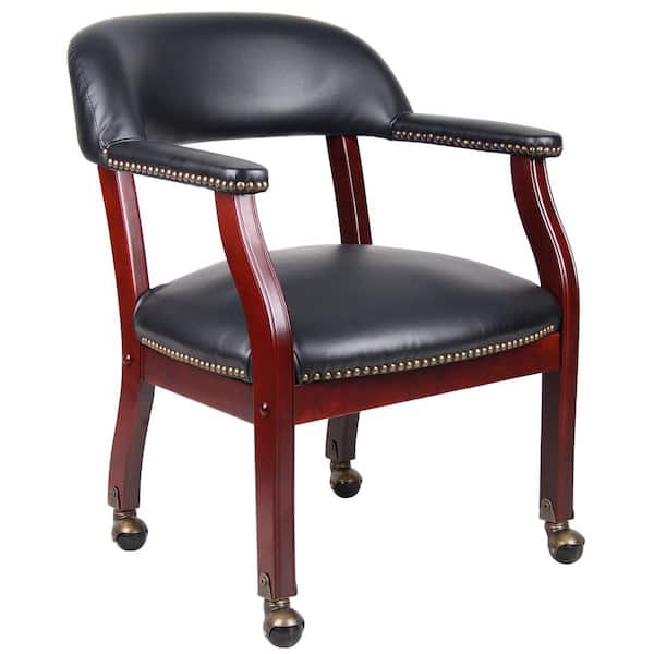 BOSS Office Products Black Caresoft Vinyl Traditional Rolling Captains Chair, Mahogany Wood Finish, Brass Hooded Casters