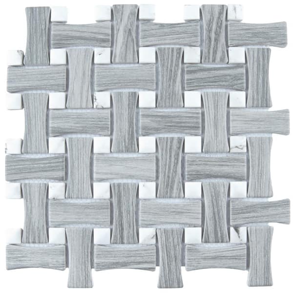 Merola Tile Llama Dog Bone Basketweave Silver Smoke/Calacatta Dot 10 in. x 10 in. Porcelain Mosaic Tile 7.1 sq. ft./Case