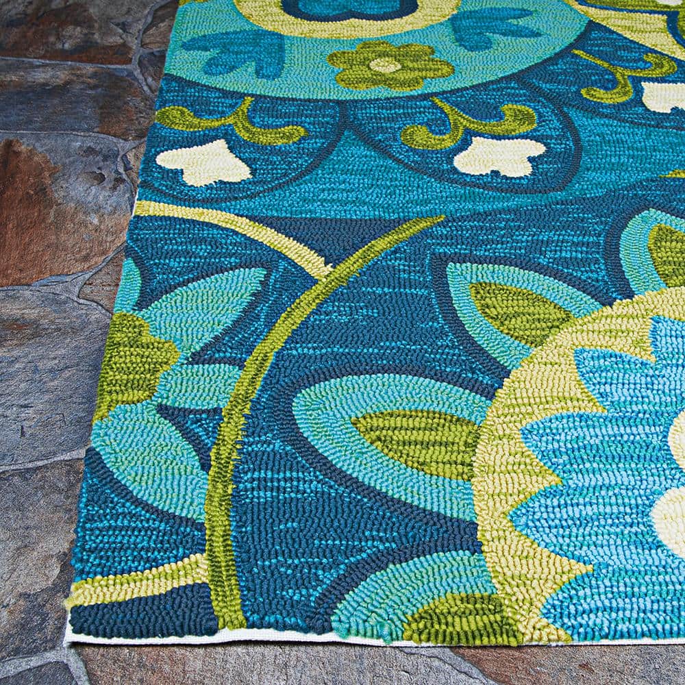 Ocean Blue and Green Floral Synthetic Rectangular Rug, 2' x 4'