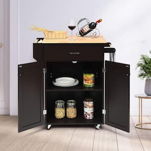 32 in. W Heavy Duty Brown Rolling Kitchen Island with Spice Rack and Adjustable Shelf