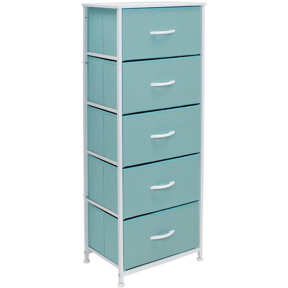 Aqua Fabric 5-Drawer Tall Storage Dresser with Steel Frame