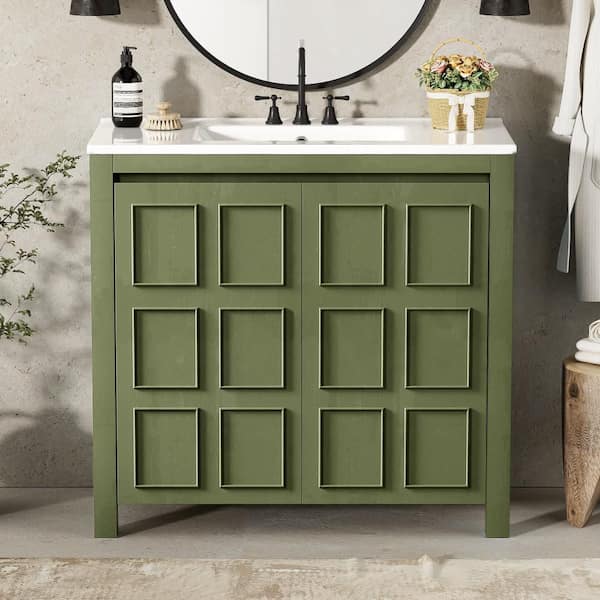 36 in. Single Sink Freestanding Green Bath Vanity with White Ceramic Top and Soft Close Door